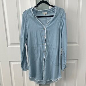 Light Blue Frayed Button-Front Dress
